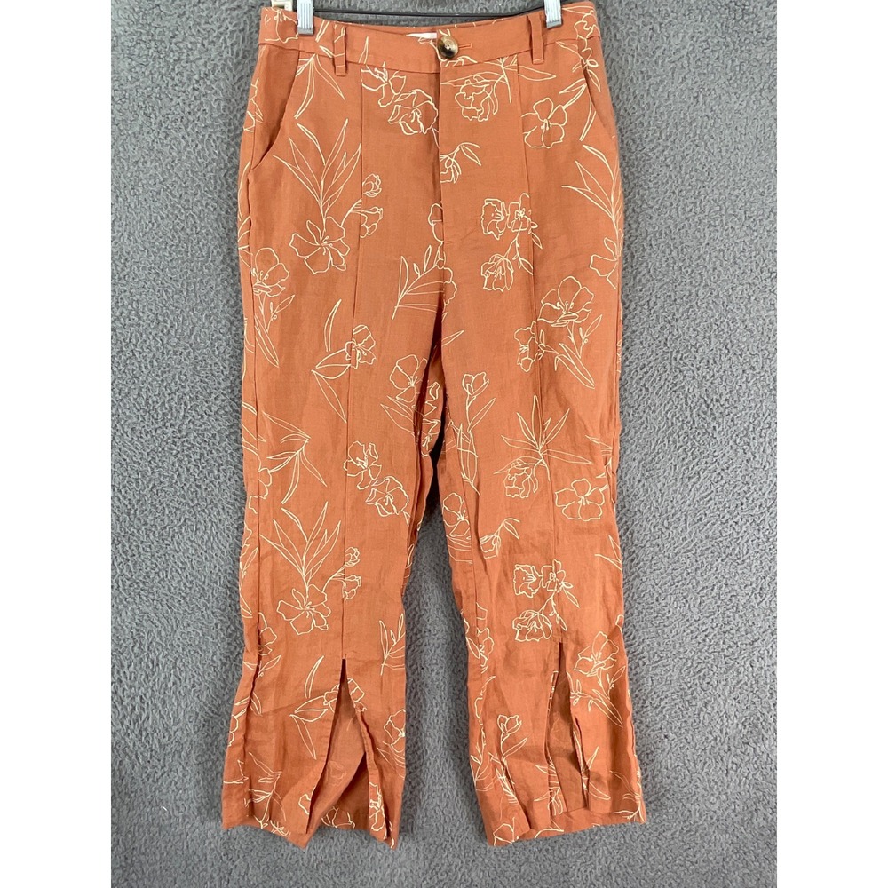 Capulet Floral Linen Pants Womens Medium Orange Excellent High Rise Slit Hem